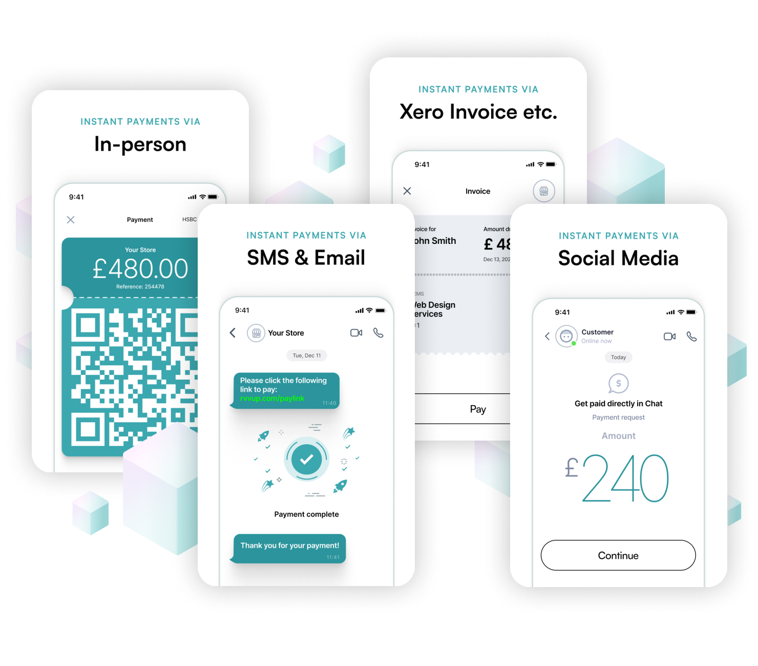 Rvvup Payment Link channels, SMS, Email, In-person, Xero Invoice, Social Media